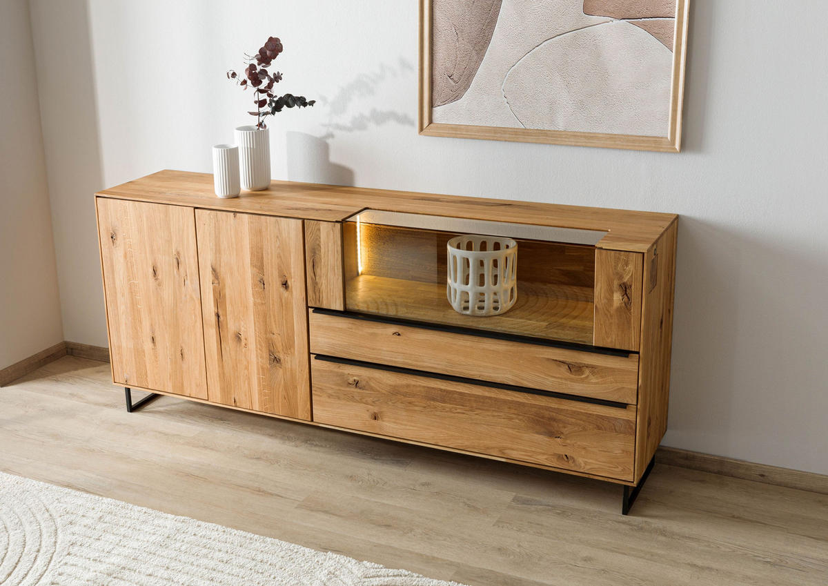 SIDEBOARD Wildeiche 200x43x87 natur geölt WIEN #221 - Braun, Holz (200/87/43cm) - Massivmoebel24