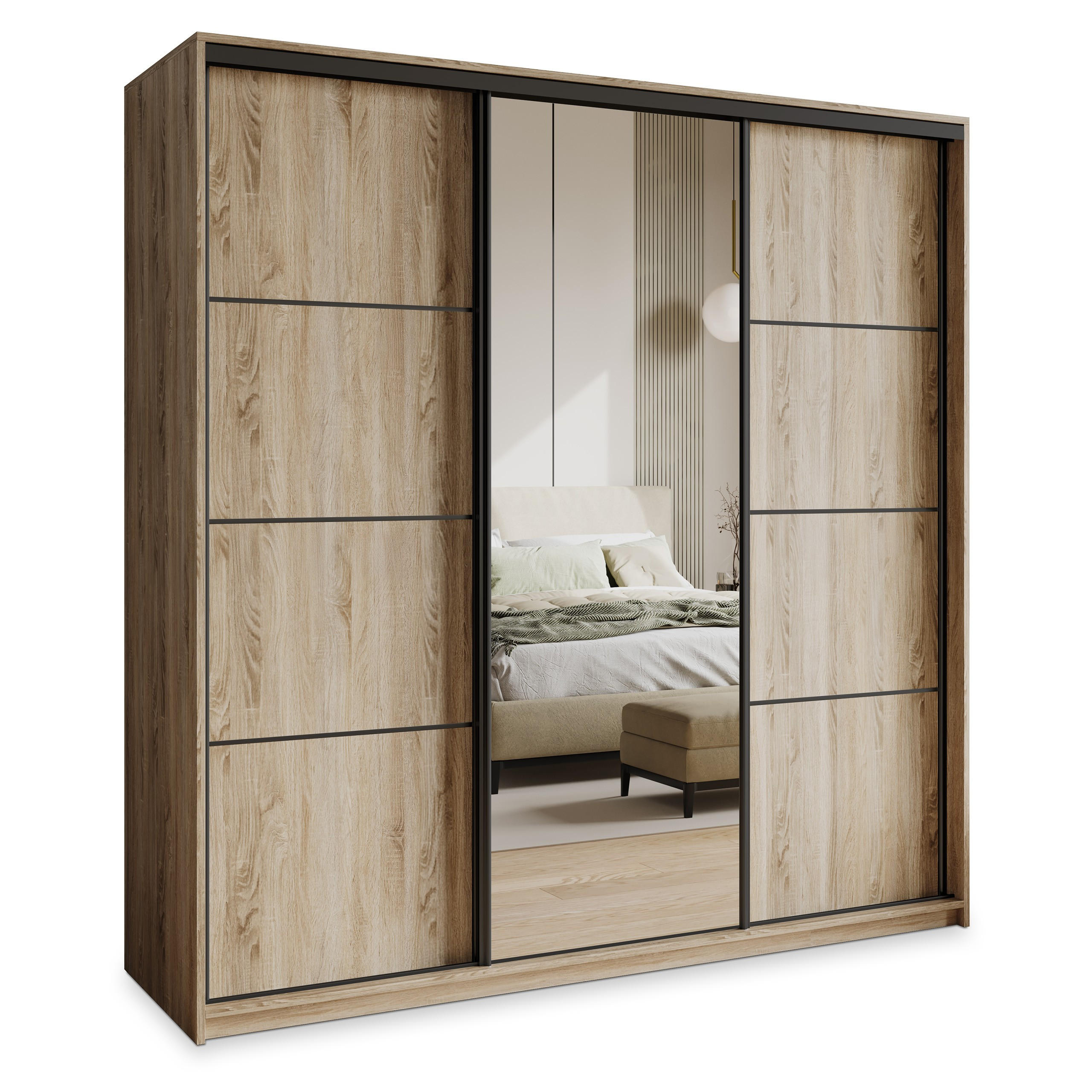 SCHWEBETÜRENSCHRANK VARO 180/205/60 cm 3-türig mit Spiegel und Schubladen Sonoma Eiche - Schwarz/Sonoma Eiche, Holzwerkstoff (180/205/60cm) - MASSENO