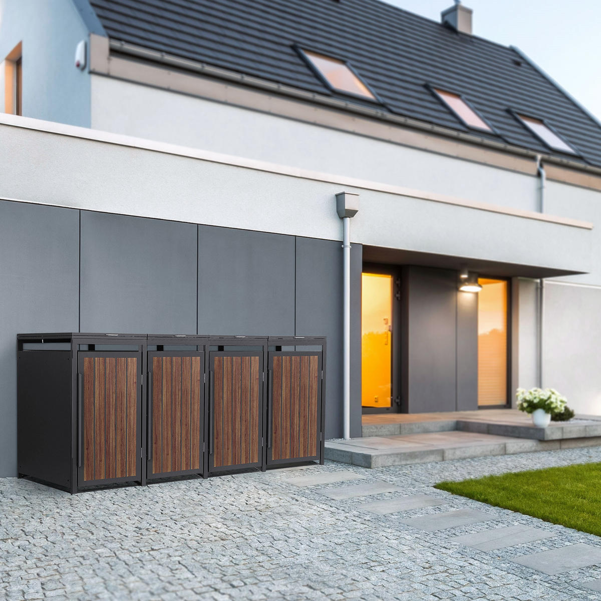 MÜLLTONNENBOX 4er 240L 260x80x120 cm Anthrazit-Eiche dunkel aus Stahl - Dunkelbraun, Metall (80/120/260cm) - ML-DESIGN