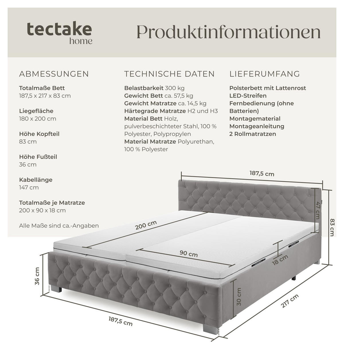 BETTSET , großer Stauraum unter dem hochklappbaren Lattenrost, dunkelgrau - Dunkelgrau, Holz (180/200cm) - tectake