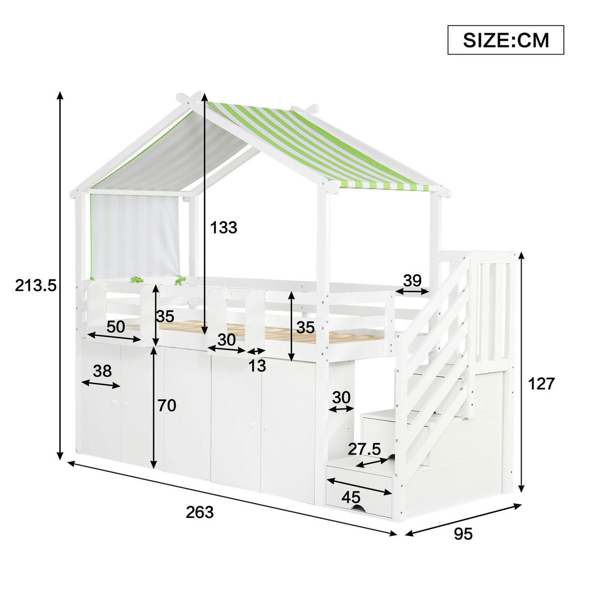 ETAGENBETT mit Stauraumtreppe 90x200 cm Weiß-Grün - Weiß, Holzwerkstoff (90/200cm) - Beauniv