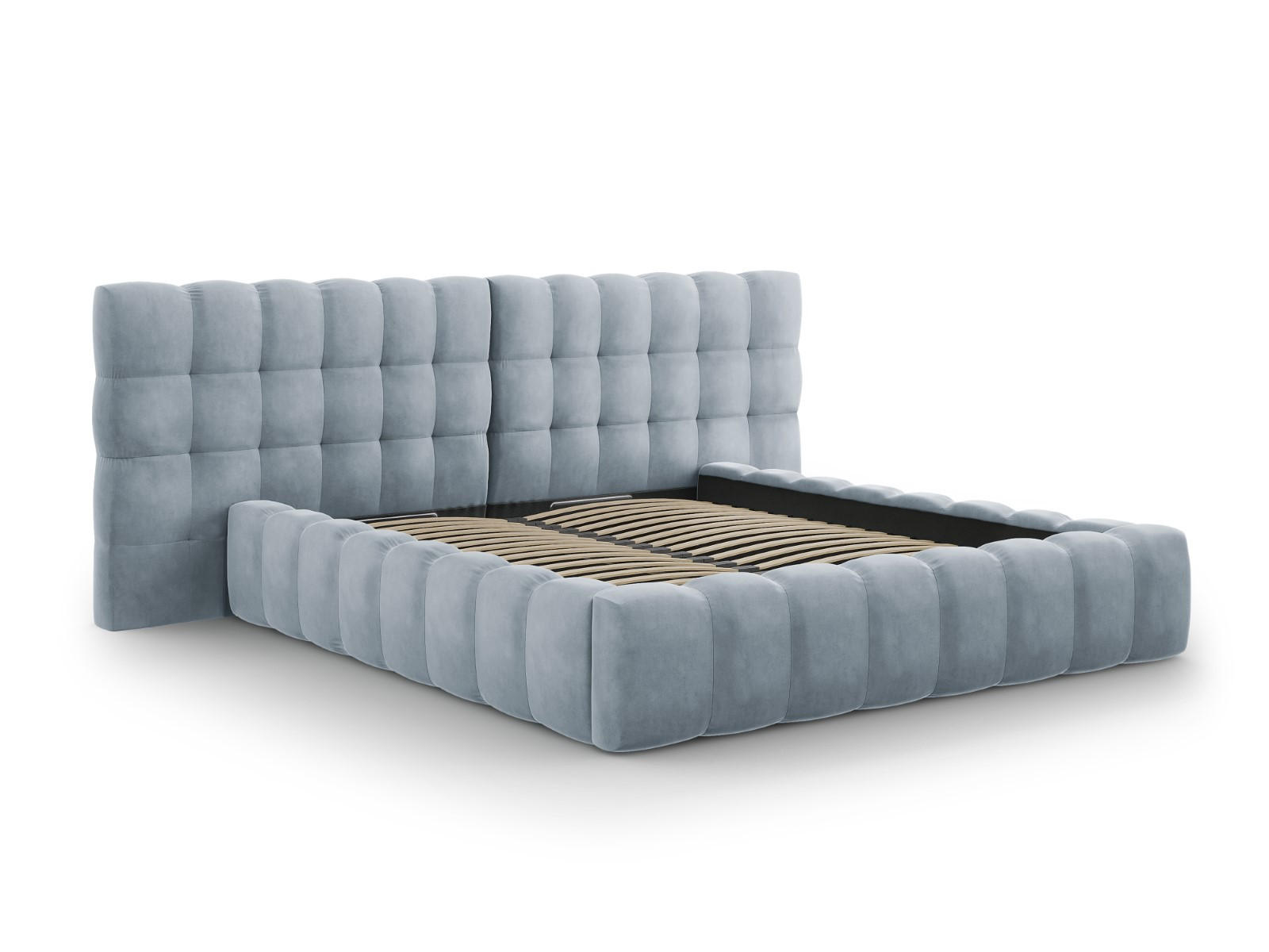 BETT mit Bettkasten und Doppelkopfteil Mamaia aus Samt hellblau 180x200cm - Hellblau, Textil (180/200cm) - Micadoni