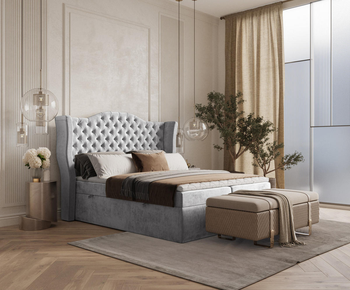 BOXBETT Royal Hellgrau 160/200 cm im Chenille-Stoff - Hellgrau/Schwarz, Holz/Holzwerkstoff (160/200cm) - Maison de Reve