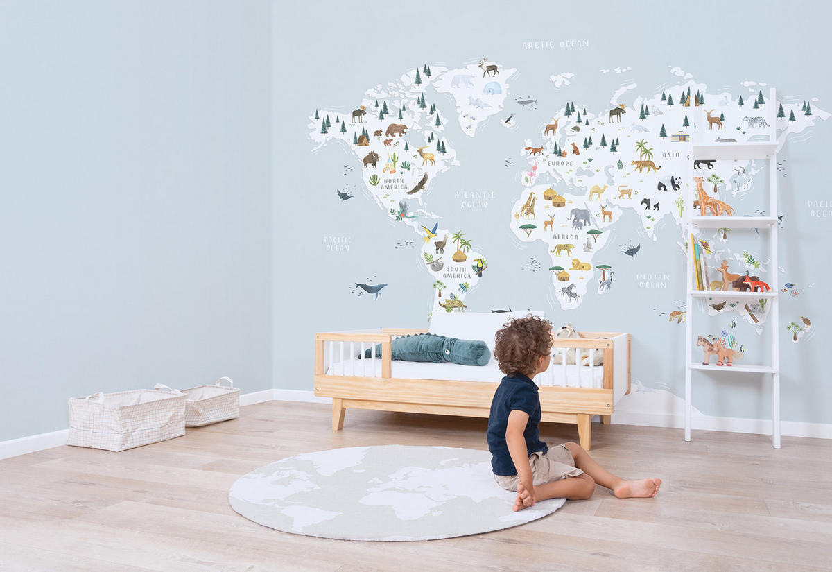 VLIESTAPETE Weltkarte mit Tieren 4 m x 3 m, blau/grau - Blau, Papier (300/400cm) - Lilipinso