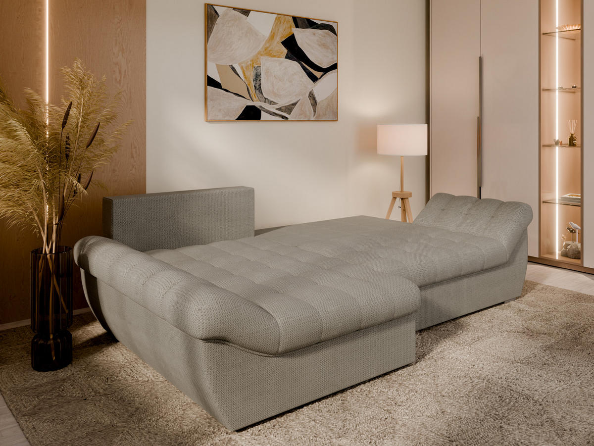 ECKSOFA ZAYA mit Schlaffunktion L-Form, Sofa mit Bettkasten, Wohnzimmersofa, Couch, Soffa, Bettsofa, LINKS- Elephant - Zinkfarben, Holz (279/175cm) - Homesy
