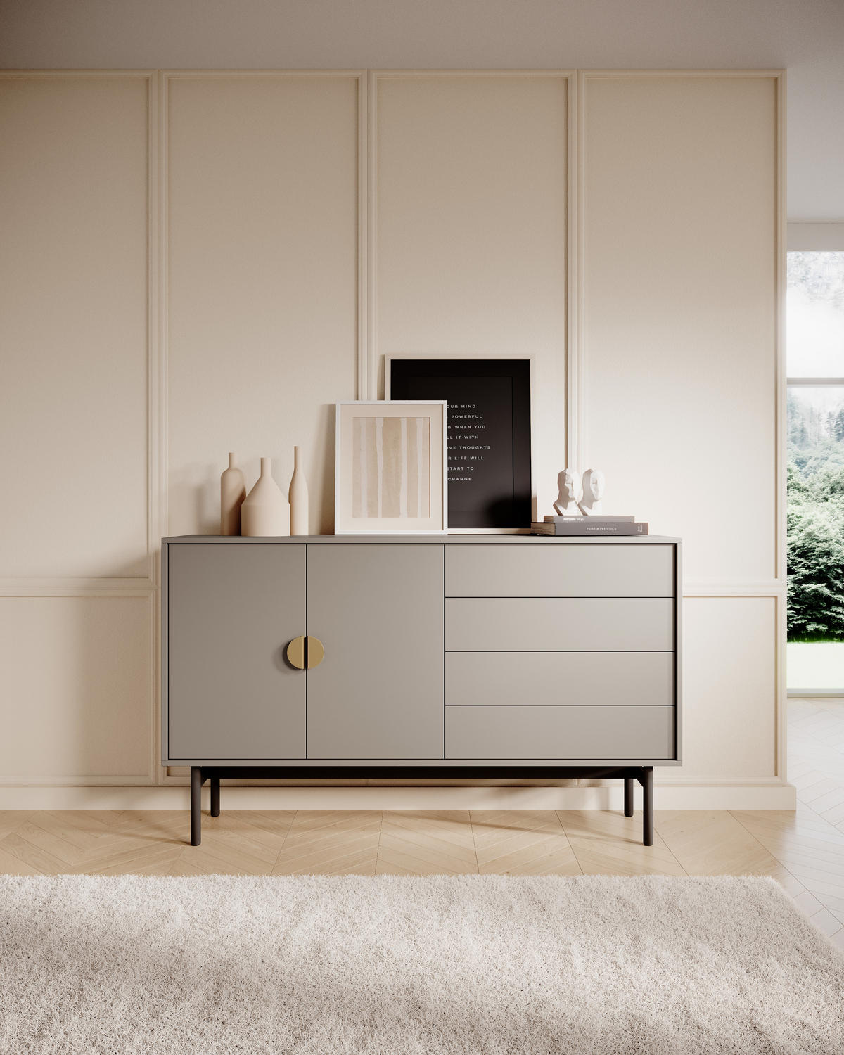 SIDEBOARD Stoon Steingrau 154 cm - Beige/Goldfarben, Holzwerkstoff/Metall (154/93/38cm) - Selsey