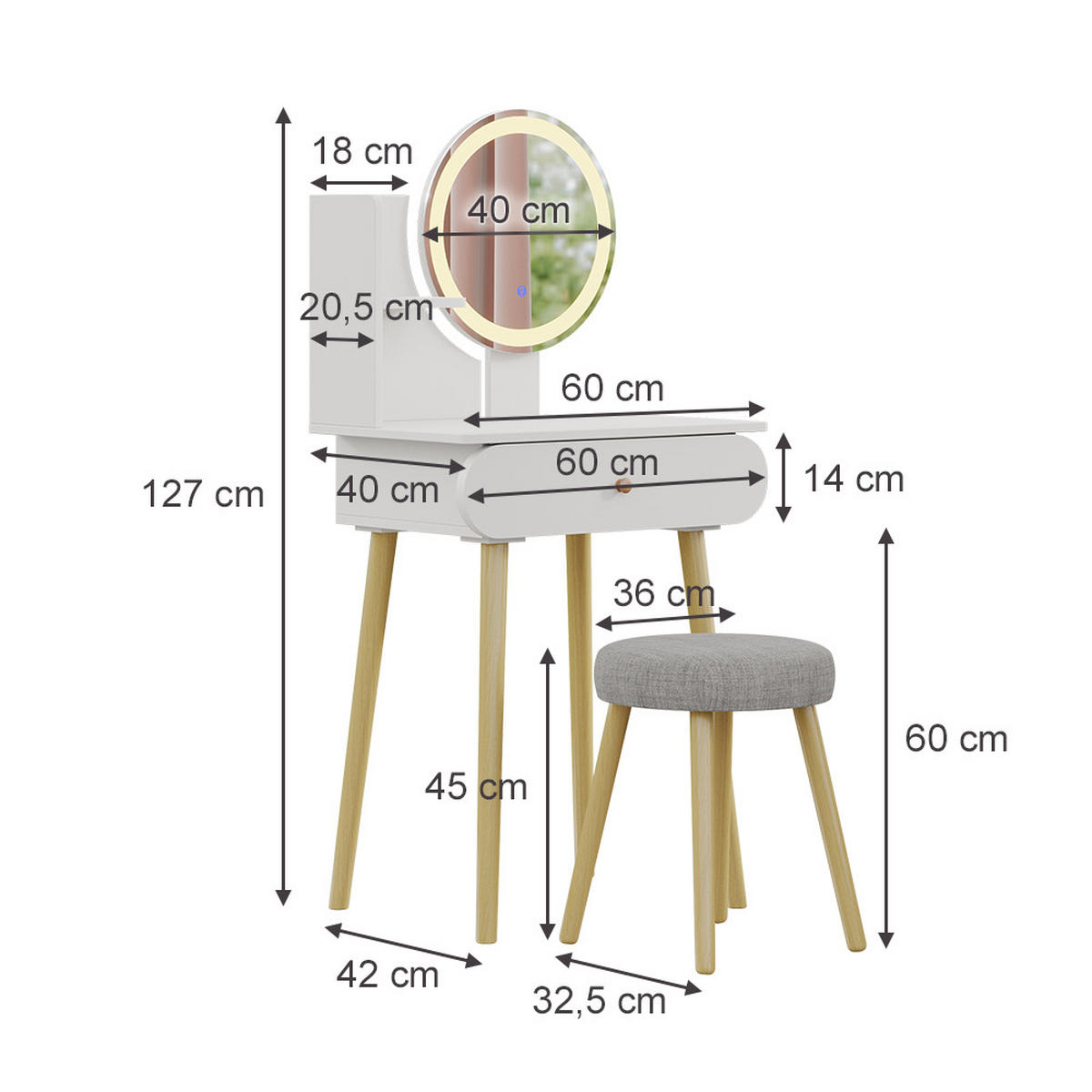 SCHMINKTISCH Edda Weiß 60 cm mit LED-Spiegel und Hocker - Weiß, Holzwerkstoff (60/127/40cm) - Vicco