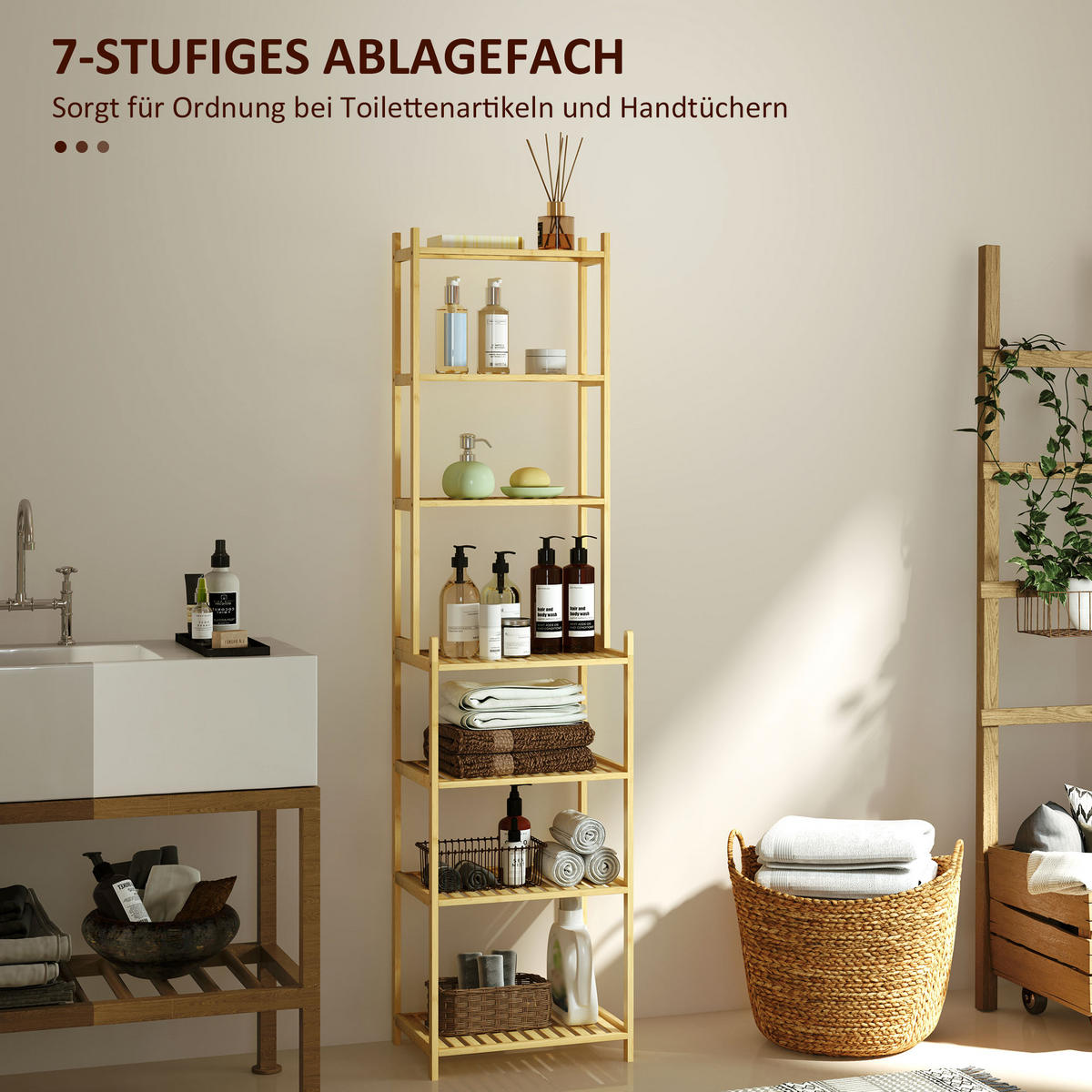 BADREGAL mit 7 Ebenen, Natur, 44 x 33 x 180 cm - Naturfarben, Naturmaterialen (44/180/33cm) - HOMCOM