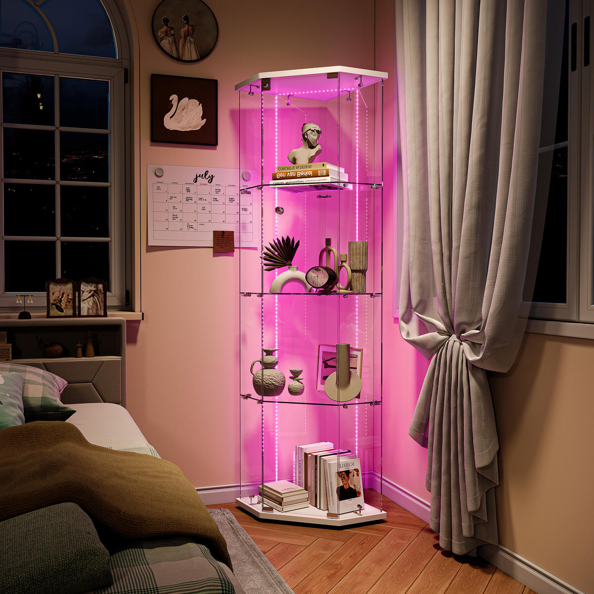 ECKSCHRANK weiß 1 tür 4 ebenen led - Weiß, Glas (42.5/162/60cm) - SHOPENTRA