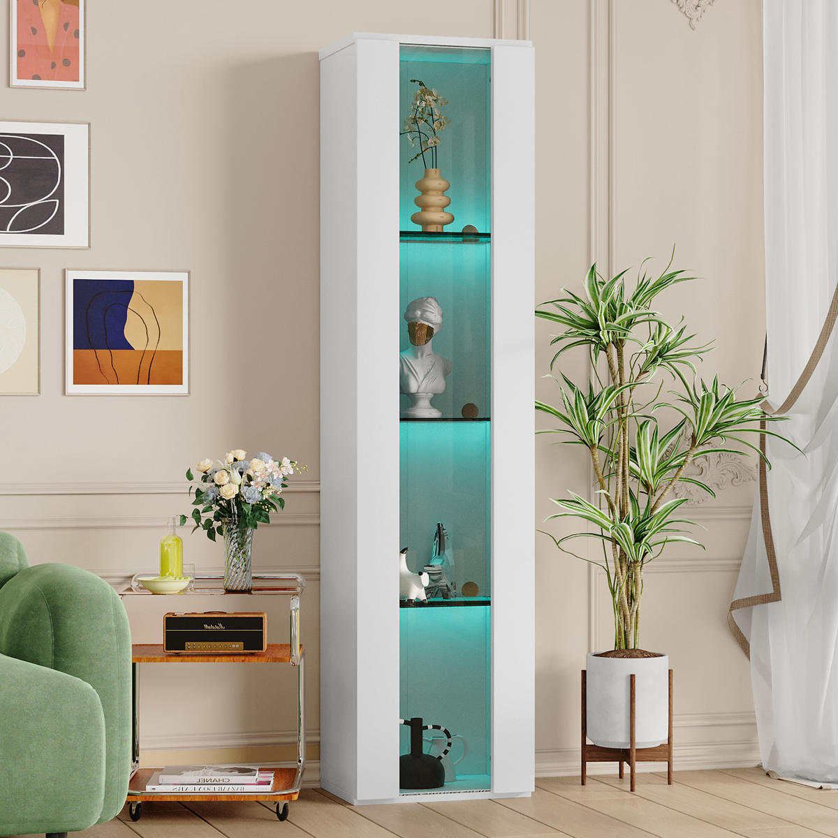VITRINE mit 4 Ebenen Acrylglas LED Beleuchtung Fernbedienung modern Weiß Spanplatte transparent - Transparent/Weiß, Glas/Holzwerkstoff (40/170/29cm) - EVRYAE