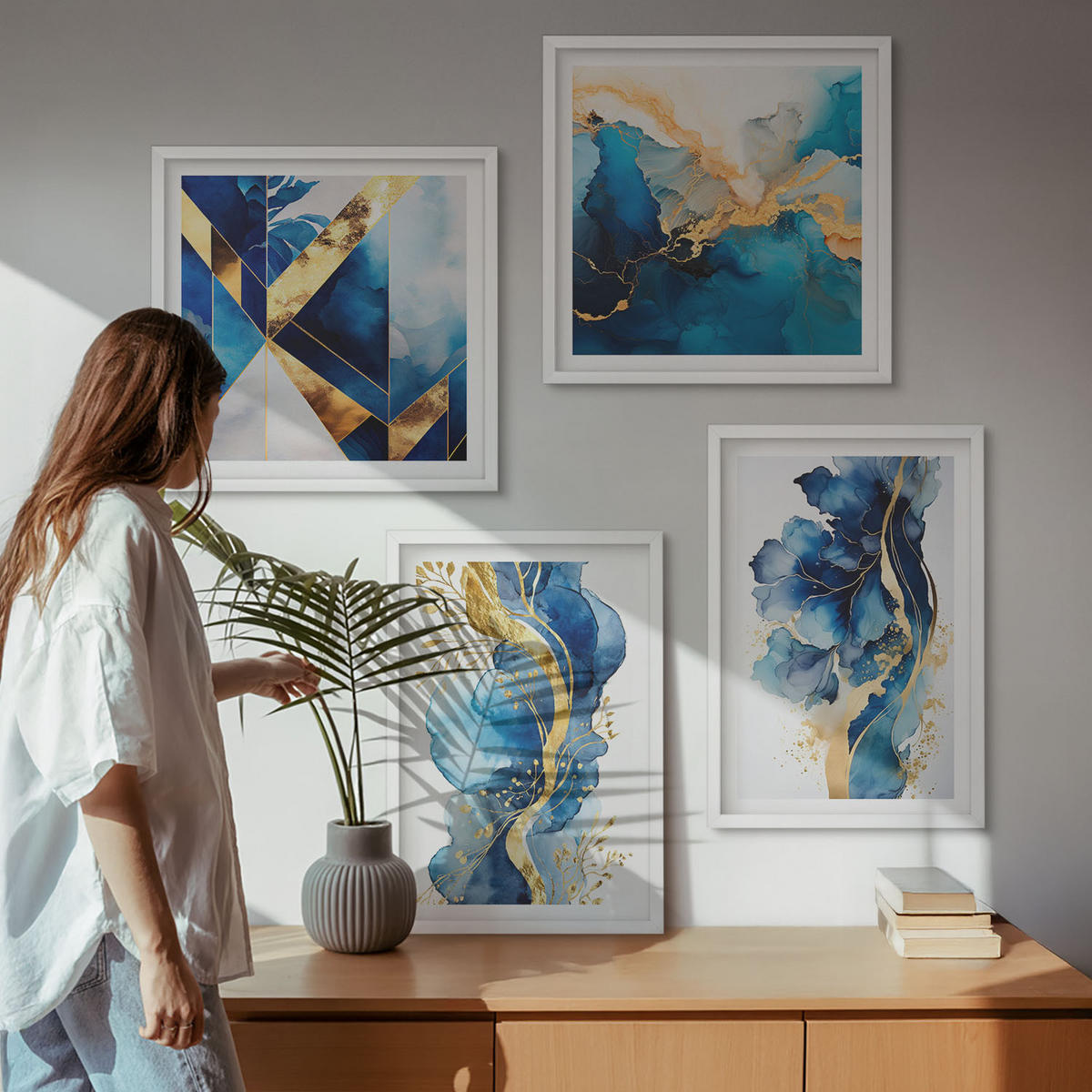 WANDBILDER 4er-Set - 50x50 cm & 40x60 cm Weißer Rahmen - Blaue abstrakte Muster - Weiß, Kunststoff (50/50cm) - ArtPrintCave