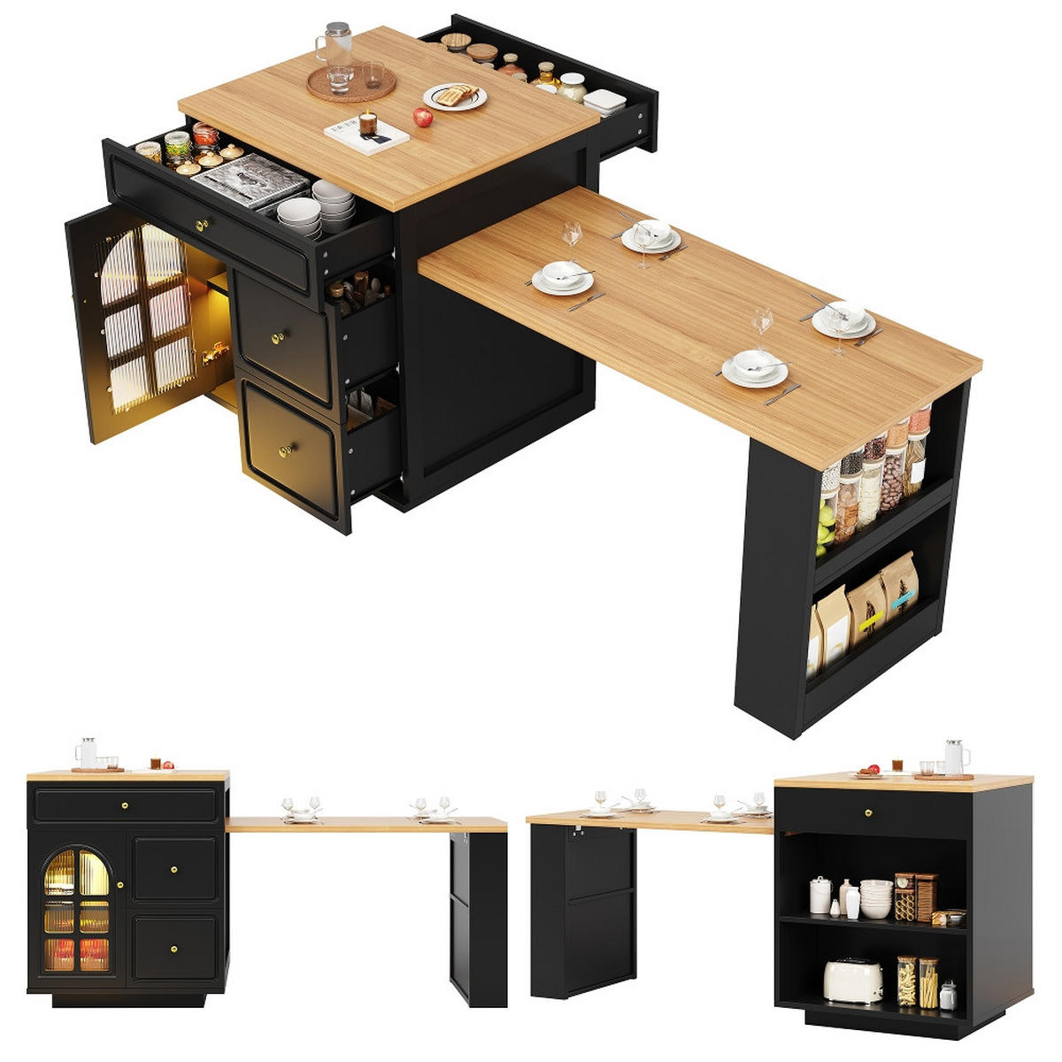 KÜCHENINSEL AUSZIEHBAR, mit Schubladen und Glasvitrine, Holzmaserung Schwarz, Esszimmer Bartresen, 122,5-195,5/59/93,5 cm - Schwarz, Kunststoff (59/93.5/122.5cm) - Rolipo