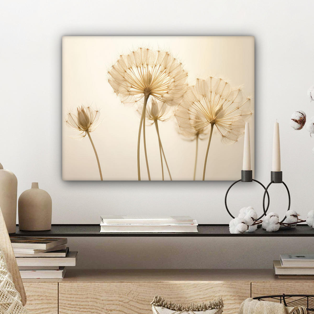 LEINWANDBILD Sonnenlicht - Löwenzahn - Botanisch - Blumen Wandbild 40x30 cm - Creme, Textil (40/30cm) - MuchoWow