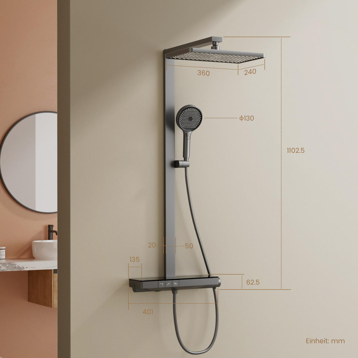 ÜBERKOPFBRAUSESET mit Drei Wasserauslassmethoden Thermostat Hebbar Anthrazit - Anthrazit, Metall (43.7/112.2/62.5cm) - EMKE