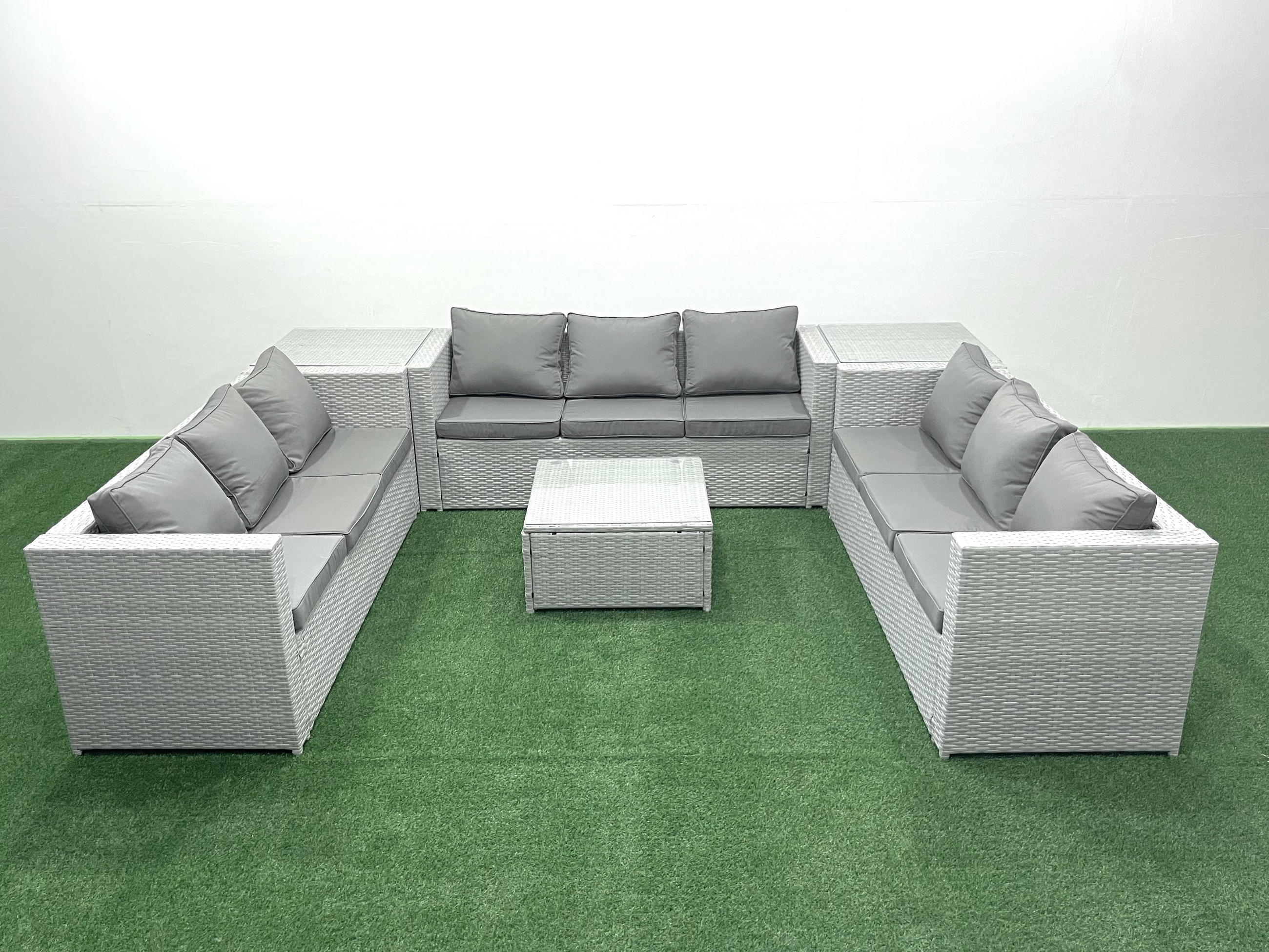 GARTENMÖBELSET mit 3-SITZER SOFA,COUCHTISCH Polyrattan Hellgrau-Mix 9-Sitzer - Hellgrau/Grau, Glas/Kunststoff - Fimous