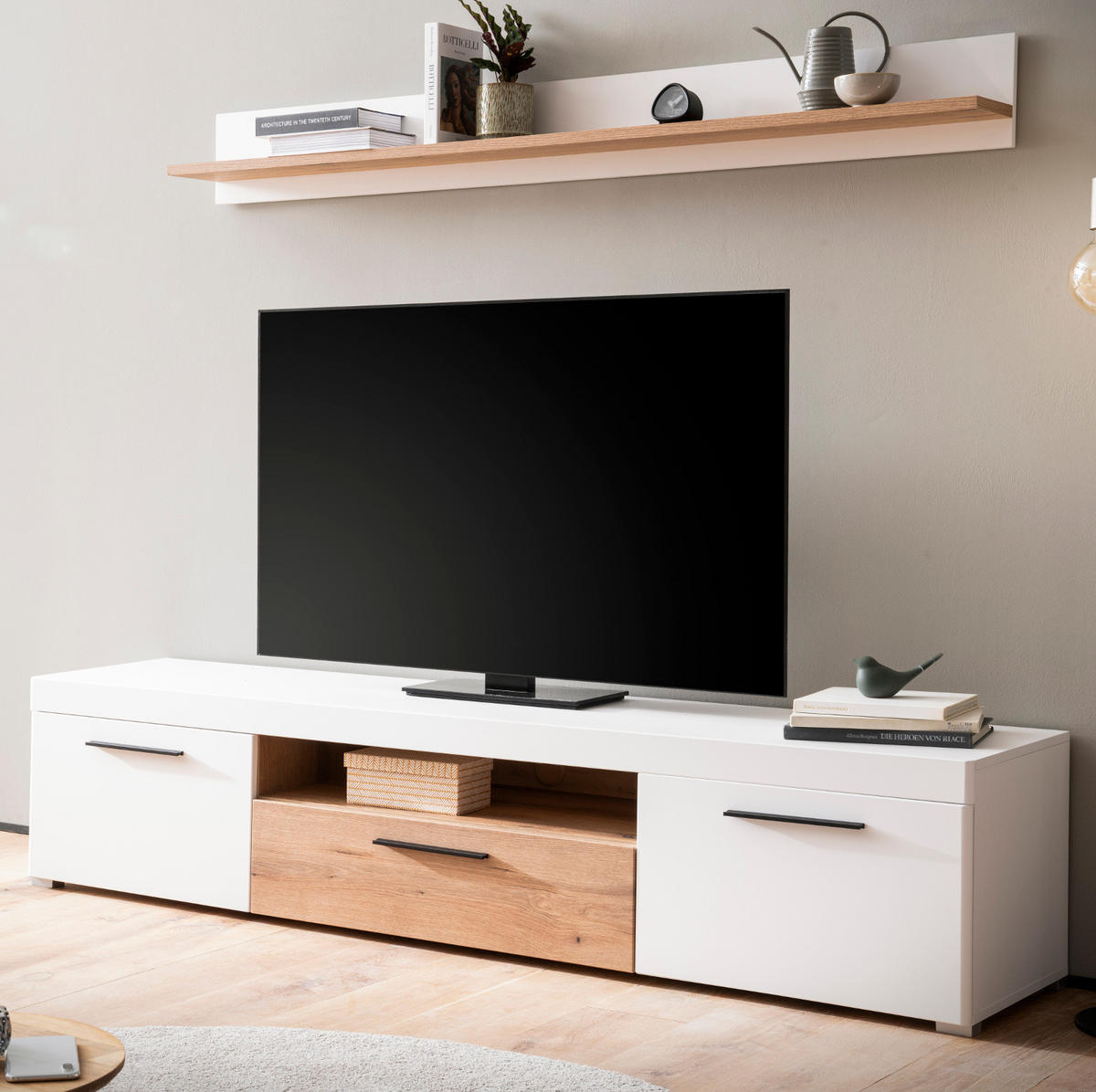 WOHNZIMMER-SET Wandboard weiß matt, Evoke Eiche, Wohnkombination 2-teilig, Soft-Close-Funktion - Eichefarben/Schwarz, Holzwerkstoff/Kunststoff (205/180/45cm) - Furn.Design