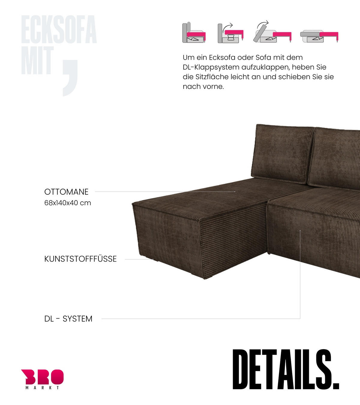 ECKSOFA Hector mit Schlaffunktion Braun Cord - Braun, Textil (200/141cm) - Bromarkt