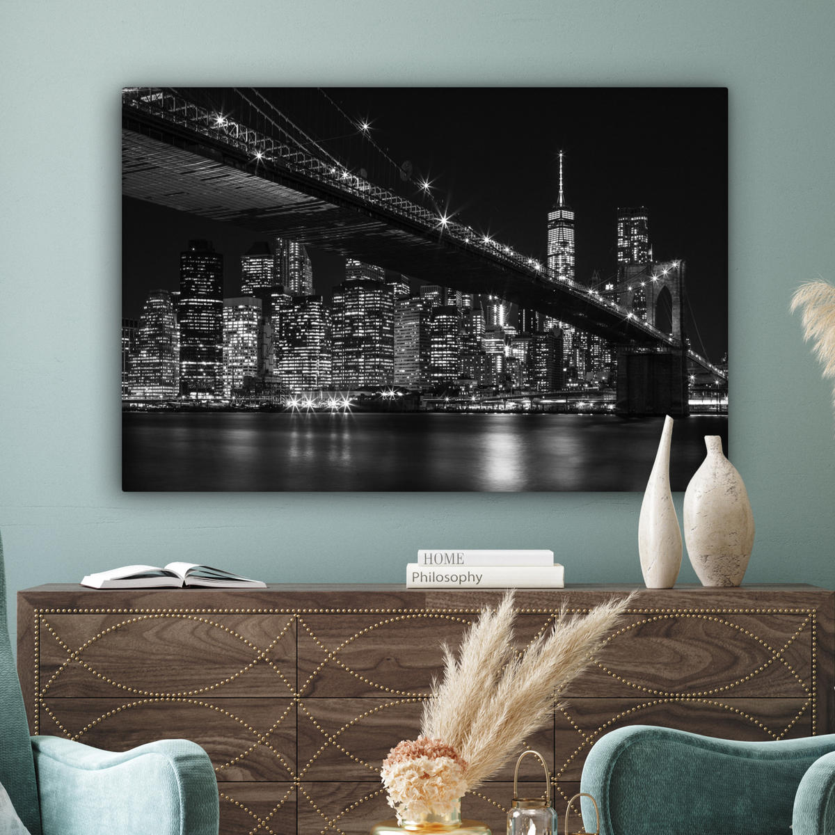 LEINWANDBILD New York - Brooklyn - Brücke Wohnzimmer Groß 120x80 cm - Schwarz, Textil (120/80cm) - MuchoWow