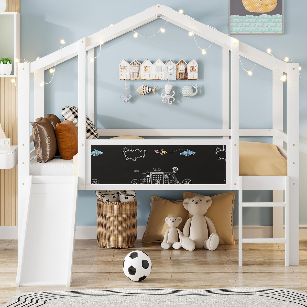 HAUSBETT 90/200 cm Weiß aus Massivholz mit Rutsche und Tafel - Weiß, Holz (90/200cm) - OKMYHOME