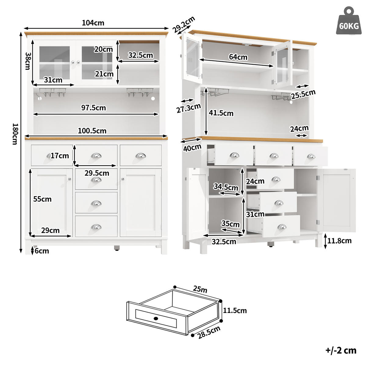 BUFFETSCHRANK 104/40/180 cm Weiß aus MDF mit LED-Lichtleiste - Weiß, Holzwerkstoff (104/180/40cm) - OKWISH