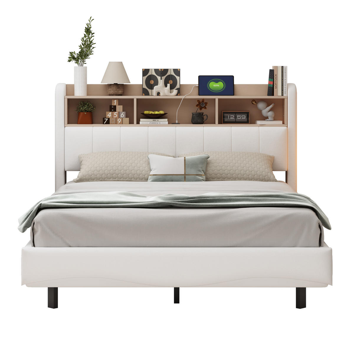 POLSTERBETT 140/200 mit Stauraum, LED, USB und Type-C in Beige - Beige, Holzwerkstoff/Textil (140/200cm) - EVRYAE