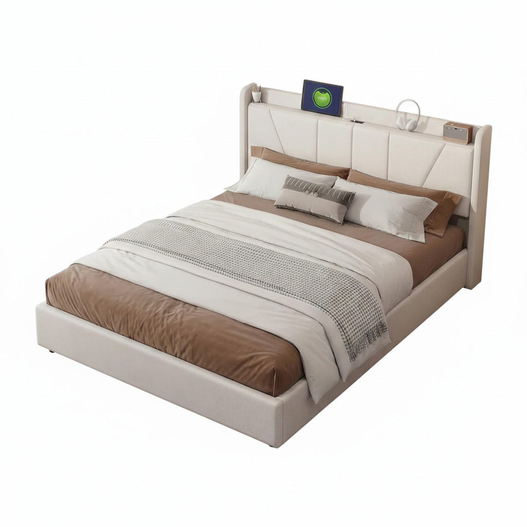 POLSTERBETT 160/200 cm in Beige mit Ladestation & Stauraum, Leinen - Beige, Holz/Metall (160/200cm) - PARAFTA HOME