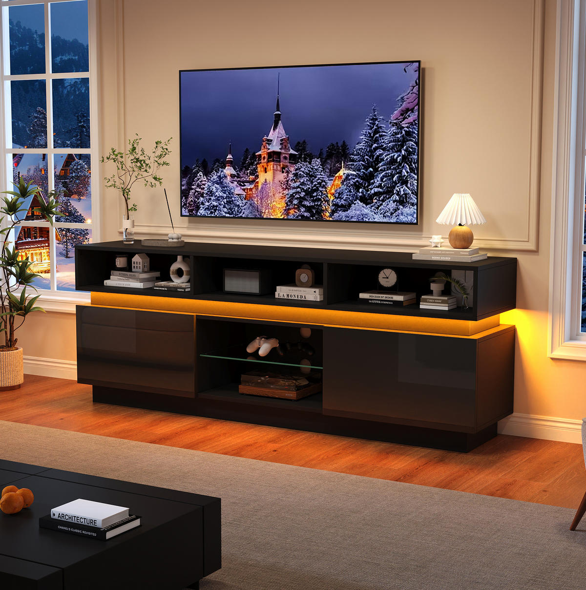 TV-ELEMENT mit LED 160 x 35 x 60 cm MDF Schwarz - Schwarz, Holzwerkstoff (35/60/160cm) - Beauniv