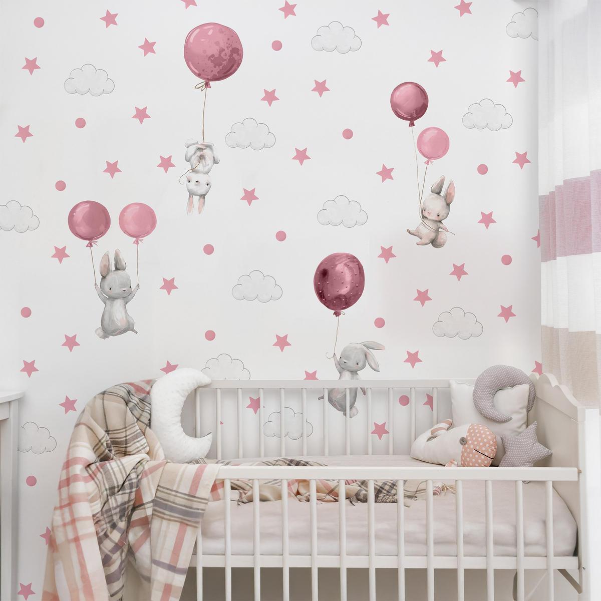 STICKER SET Häschen Ballons Sterne Wolken Punkte 120x60 - Rosa/Weiß, Papier (120/60/1cm) - Muralo