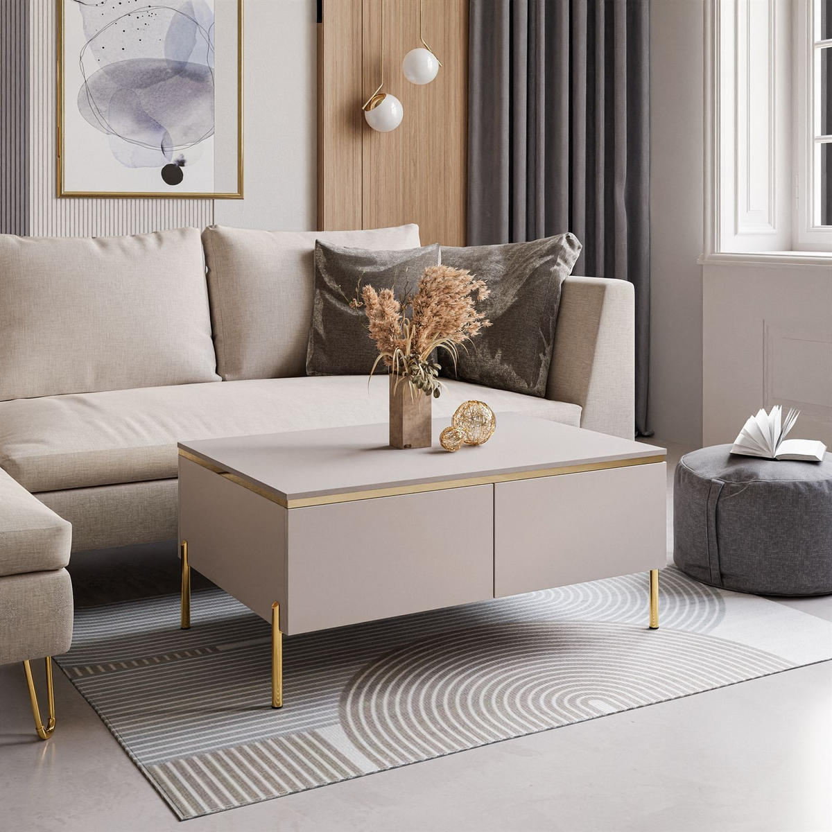 COUCHTISCH AURORA mit Staufach Kaschmir mit gerade Goldchrom Fuße - Kaschmir/Goldfarben, Holzwerkstoff/Metall (60/90/40cm) - Lookway