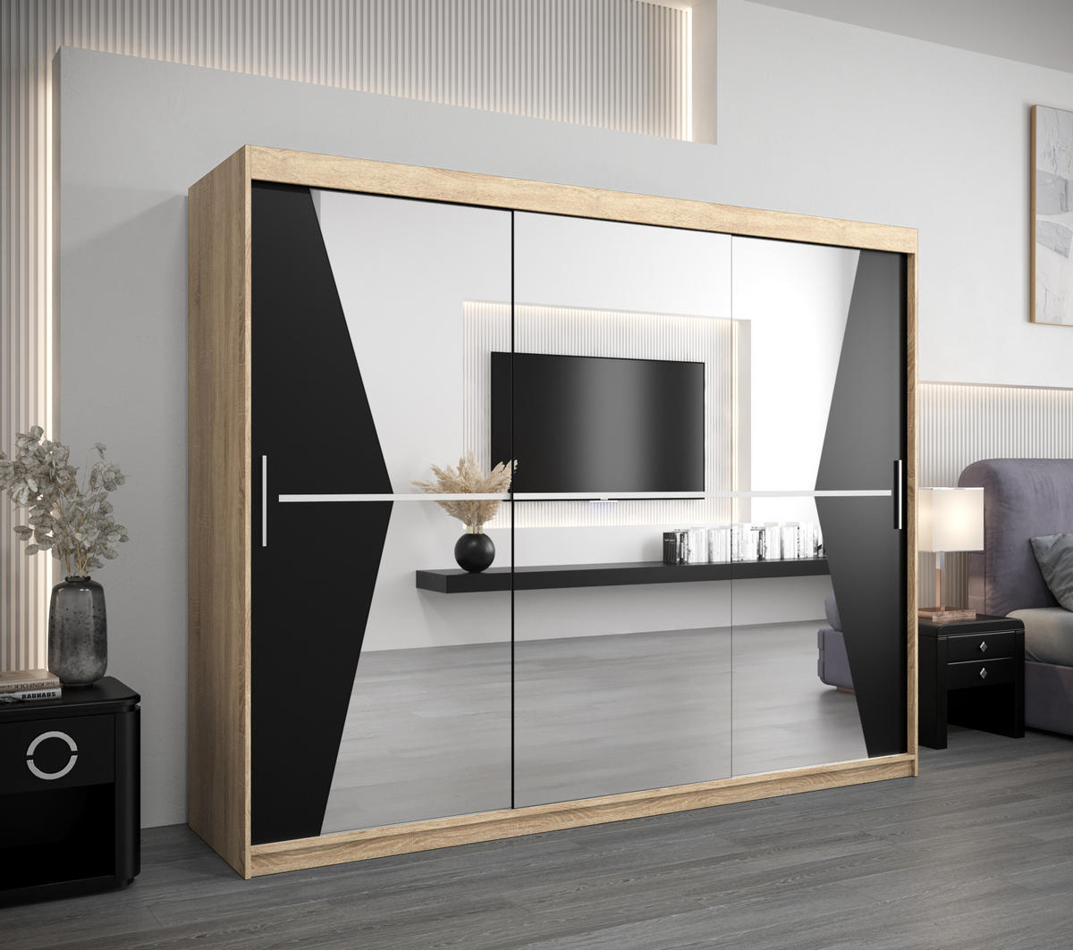 SCHWEBETÜRENSCHRANK 200/250/62 3-türig - Silberfarben/Schwarz, Holz/Kunststoff (250/200/62cm) - Abiks Möbel
