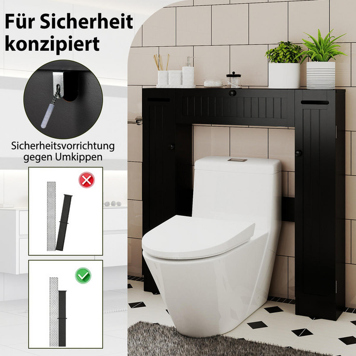 TOILETTENSCHRANK mit Toilettenpapierhalter schwarz - Schwarz, Holzwerkstoff (89/99/19.5cm) - COSTWAY