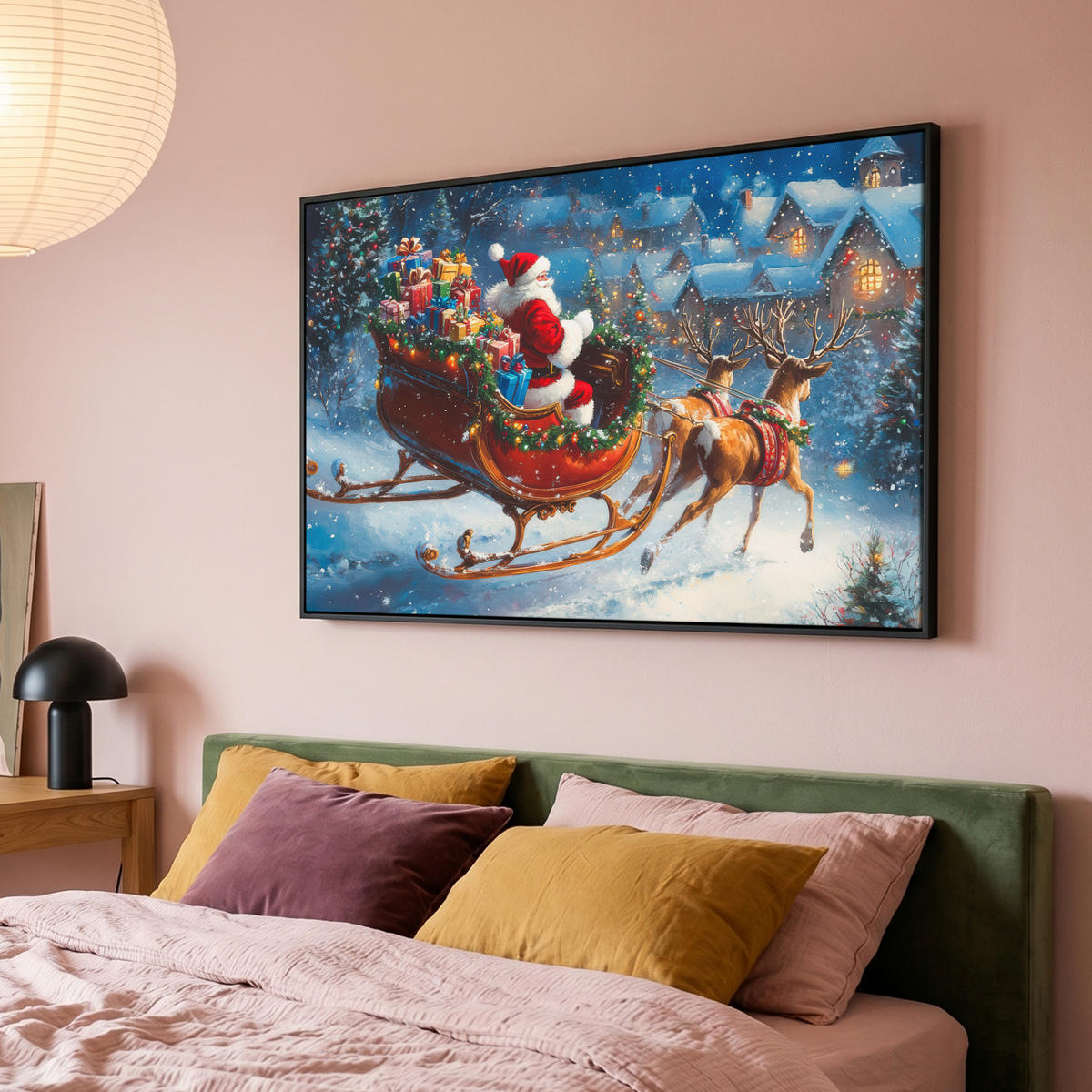 LEINWAND Bilder mit Rahmen - Weihnachtsmann - Rentier - Weihnachten - Schnee - 150x100 - Cognac, Textil (150/100cm) - MuchoWow
