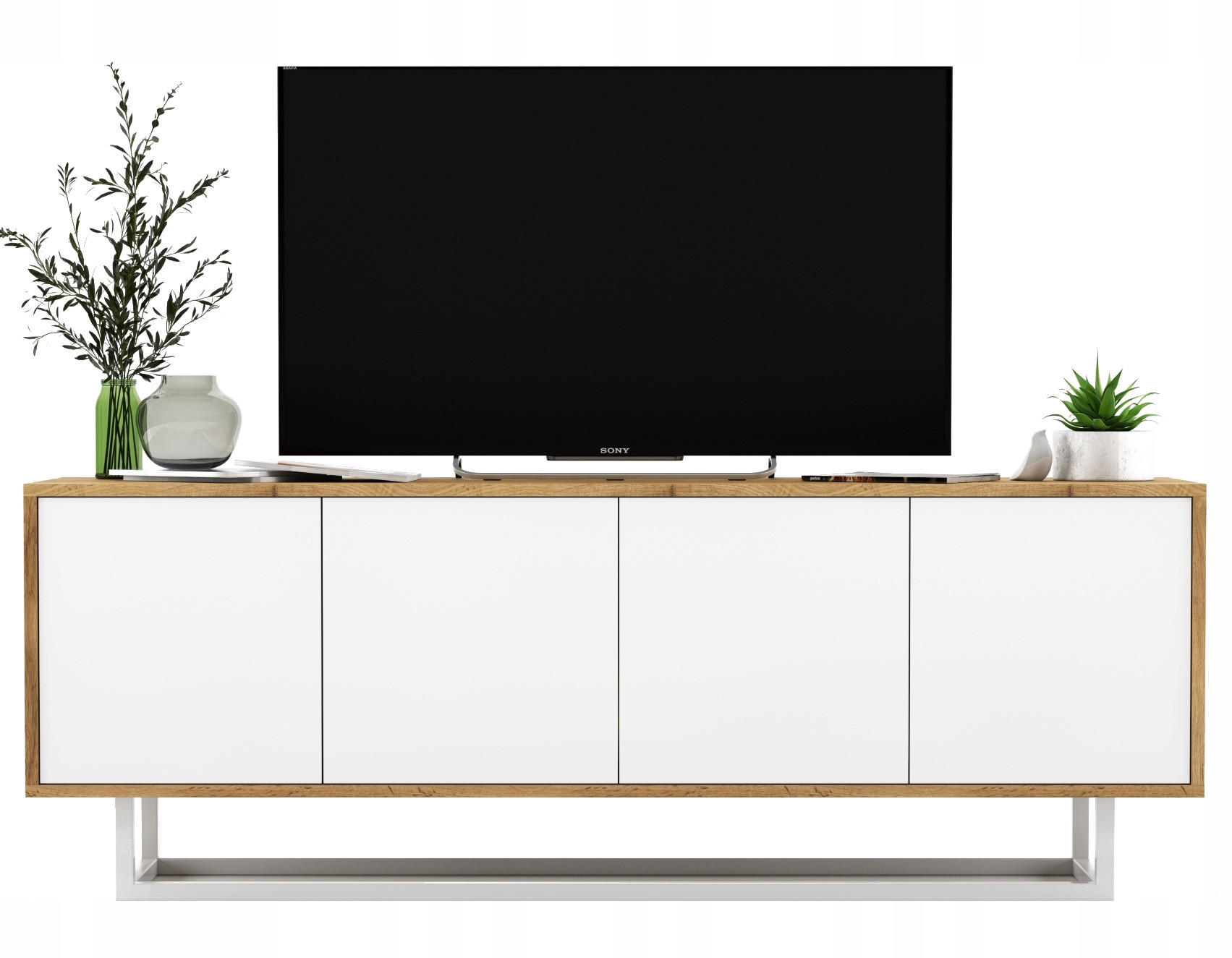 Meble Lindner TV stolek Apollo2 dub Wotan / bílá matná 150 cm s kovovým rámem