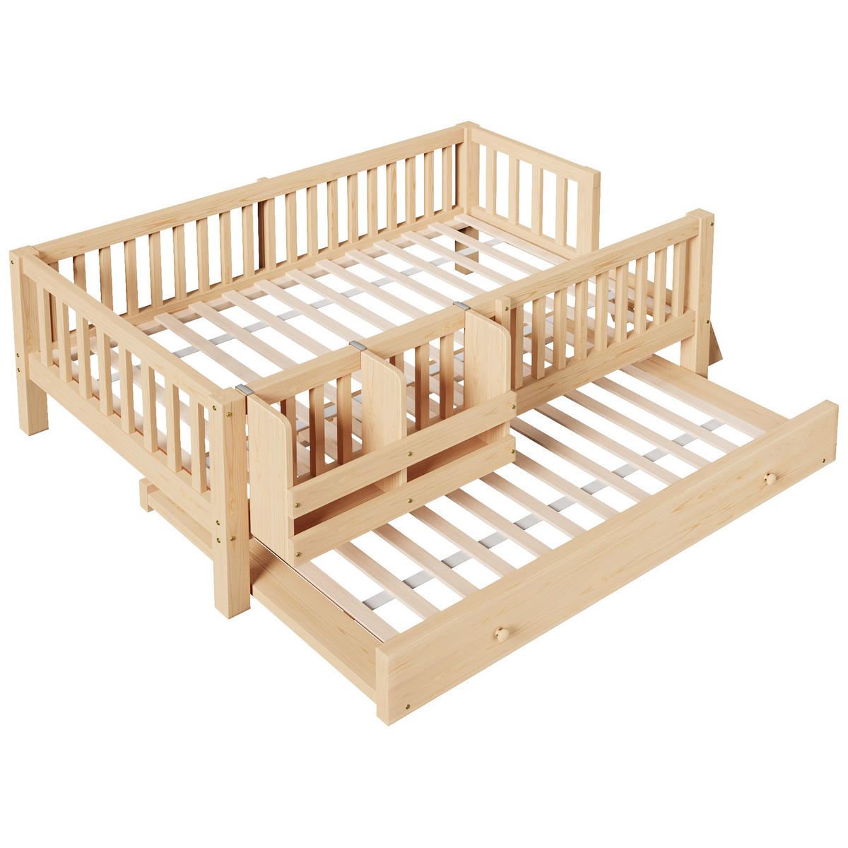 KINDERBETT 90/200 cm in Natur mit Ausziehbett und Regal Massivholz Skandi-Design - Naturfarben, Holzwerkstoff (90/200cm) - STILVORA