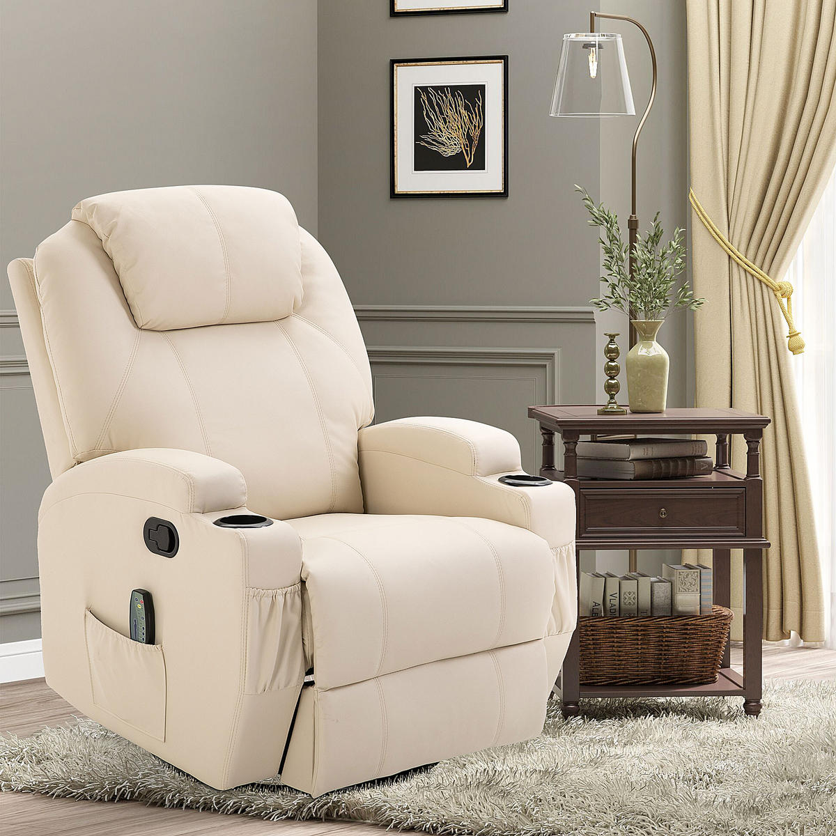 MASSAGESESSEL Fernsehsessel Elektrisch Relaxsessel 5 Massage-Modi Cremeweiß - Creme/Schwarz, Leder/Metall (92/109/84cm) - HOMCOM