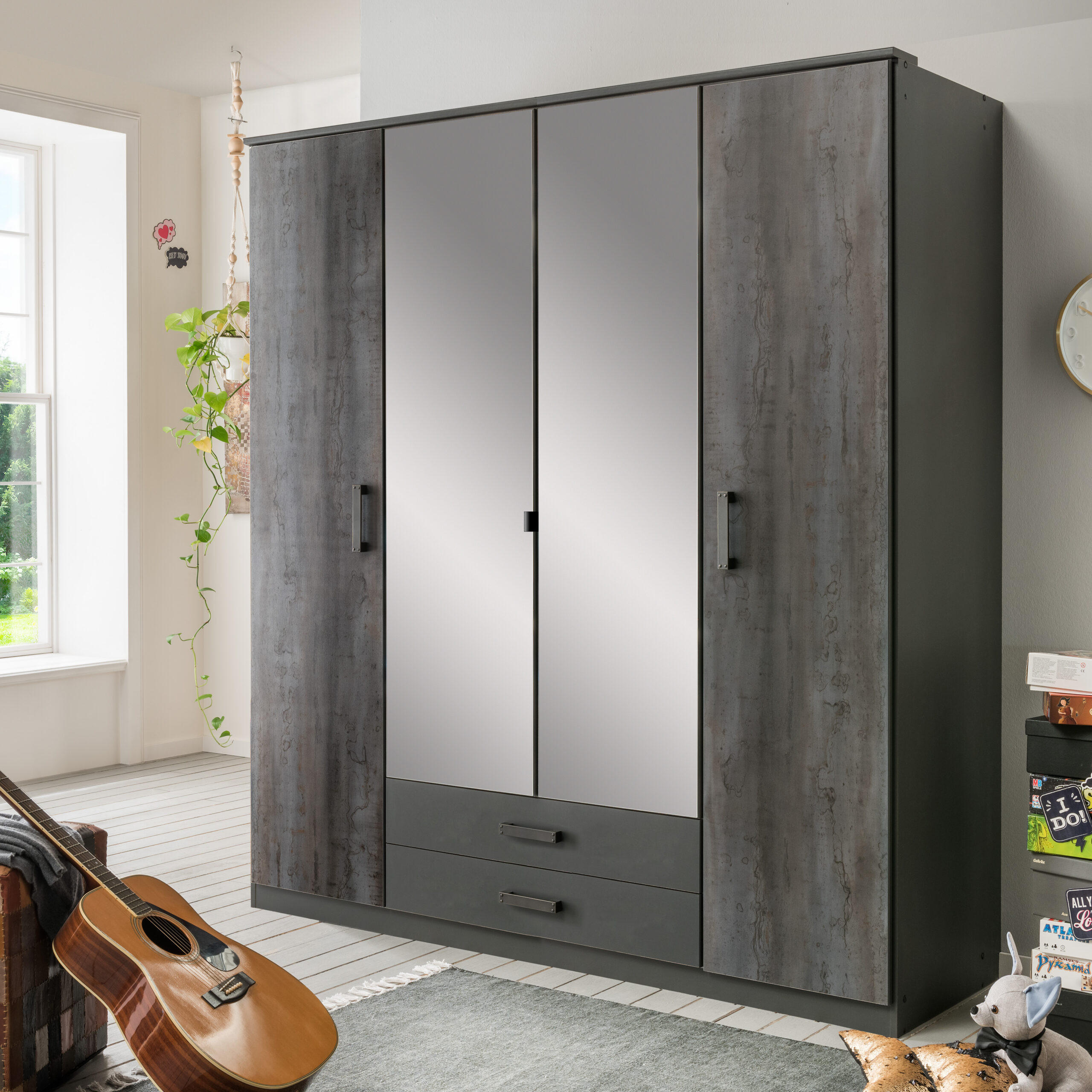 DREHTÜRENSCHRANK Duisburg in Grafit mit Digi-Steel-Optik 180x199x58 cm (BxHxT) – Kleiderschrank mit Spiegel 4 türig - Grau, Holzwerkstoff (80/200/120cm)