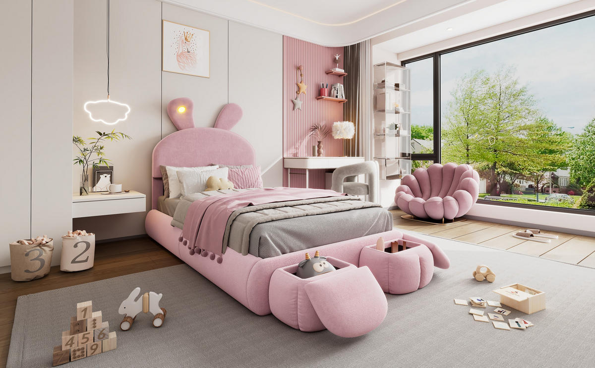 POLSTERBETT 90x200 cm LED Samt rosa - Rosa, Textil (90/200cm) - LEBENLANG