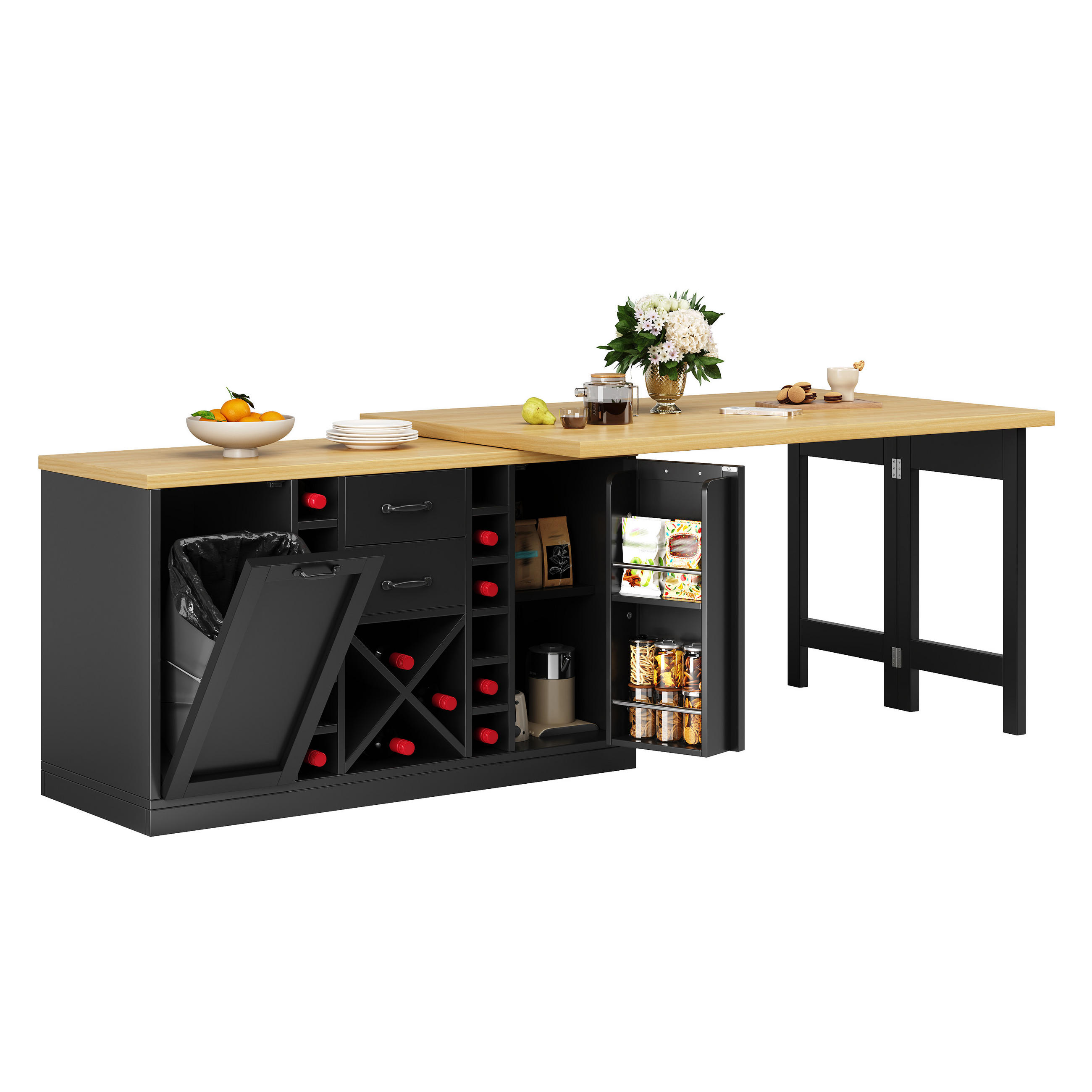 KÜCHENINSEL-ESSTISCH Schwarz 120–223×40×73,8 cm mit 360° drehbarer Tischplatte, Weinregal und Mülleimerhalter aus Holzwerkstoff und Metall - Schwarz, Holzwerkstoff (120/73.8/40cm) - Luhomfu