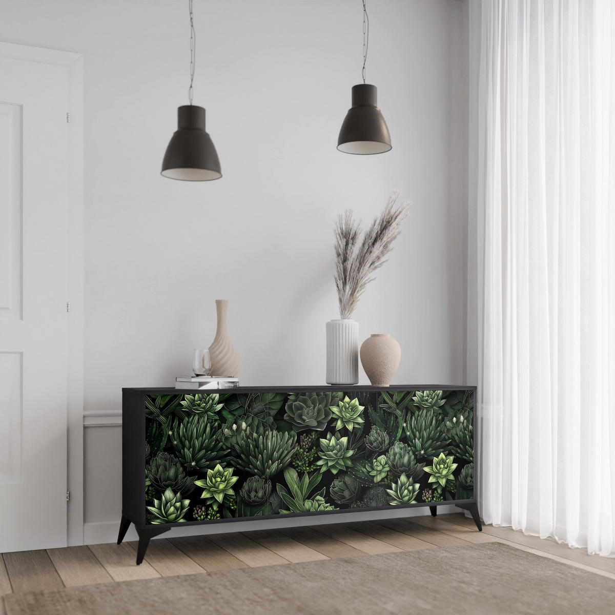 SIDEBOARD SUCCULENT JUNGLE, Eicheneffekt, 164,5x42x77,5 cm, 3 Türen - Eichefarben/Buchefarben, Holzwerkstoff/Buchenholz (164.5/77.5/42cm) - SpaceRebels