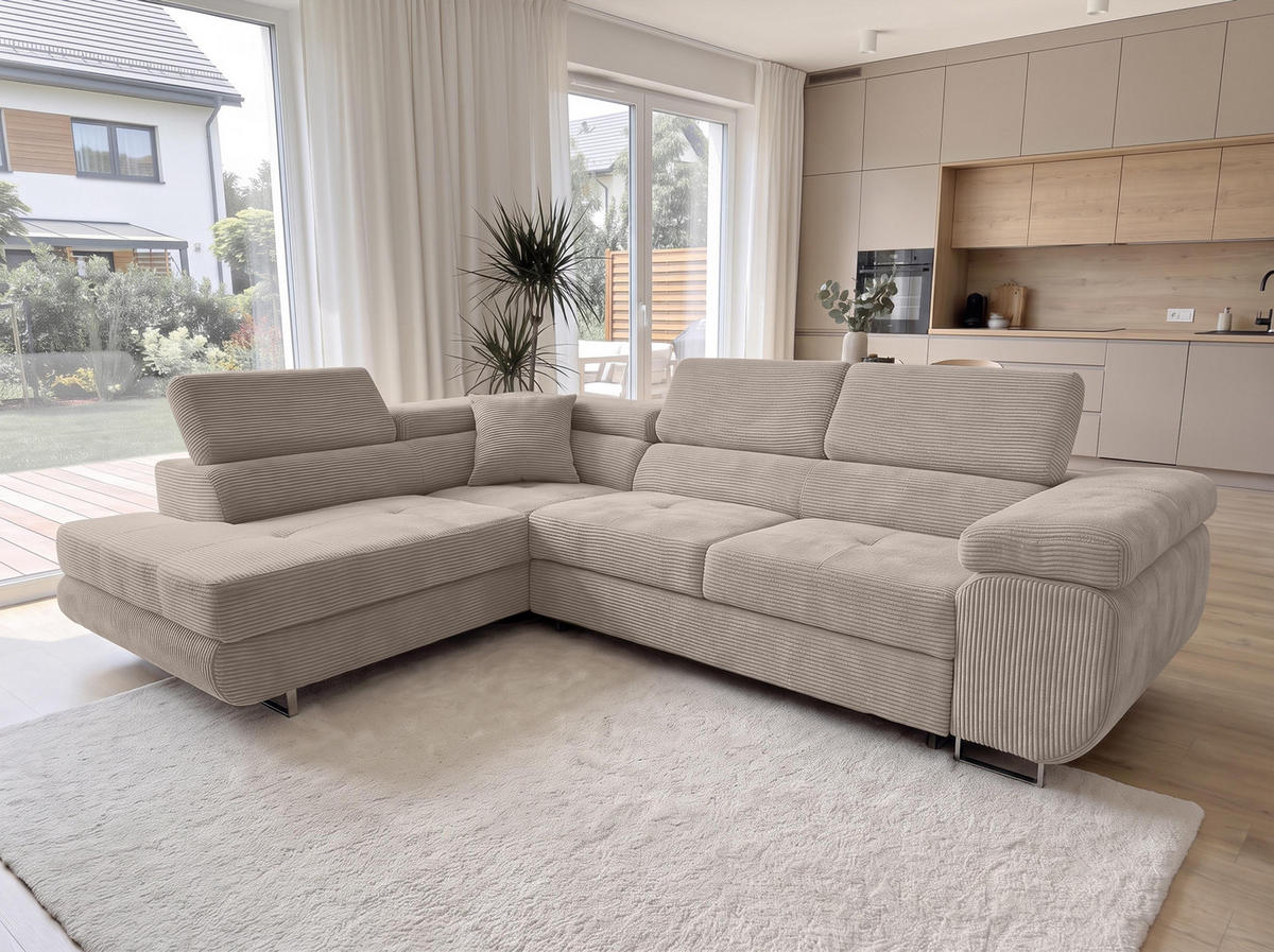 ECKSOFA L Form Konak Beige 276/201/90 cm Links mit Schlaffunktion - Beige/Silberfarben, Textil/Metall (203/276cm) - AX Living