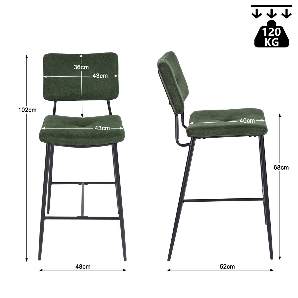 BARHOCKER 4er Set, Samt Dunkelgrün, Metallbeine Schwarz - Grün, Metall (46/102/52cm) - Meubles Cosy