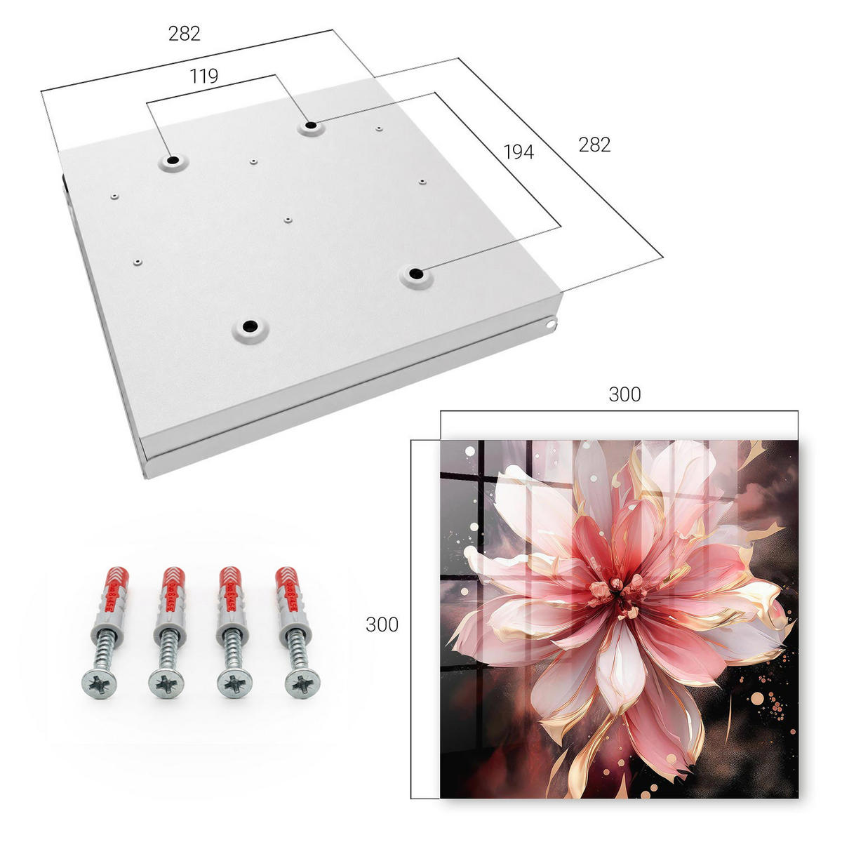 SCHLÜSSELBOX Weiß 30x30 cm – Türöffnung nach rechts - Rosa Blume - Pink, Metall (30/30/5cm) - TULUP