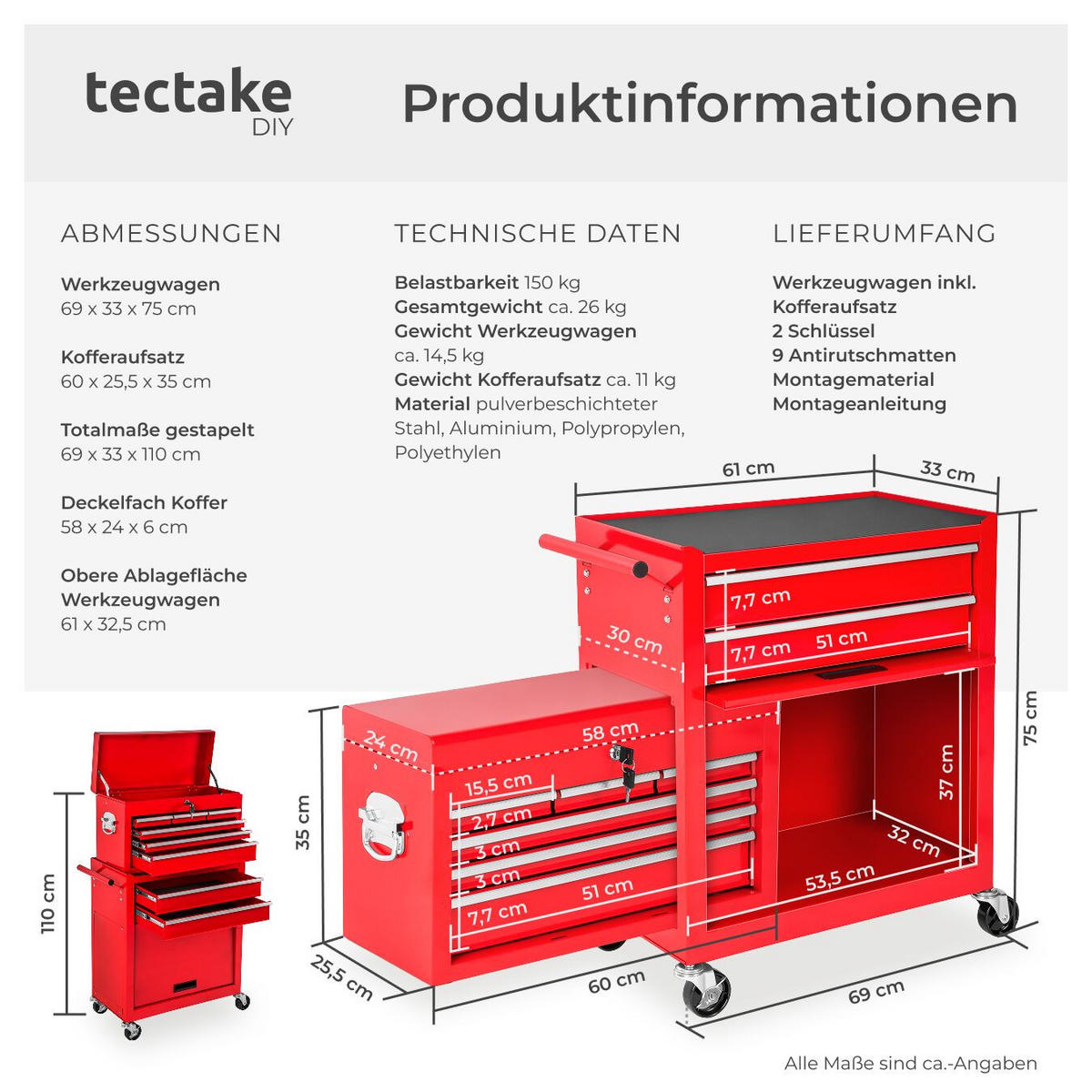 WERKZEUGWAGEN ,Rollen Ø 100 mm,rot - Rot, Metall (33/110/69cm) - tectake