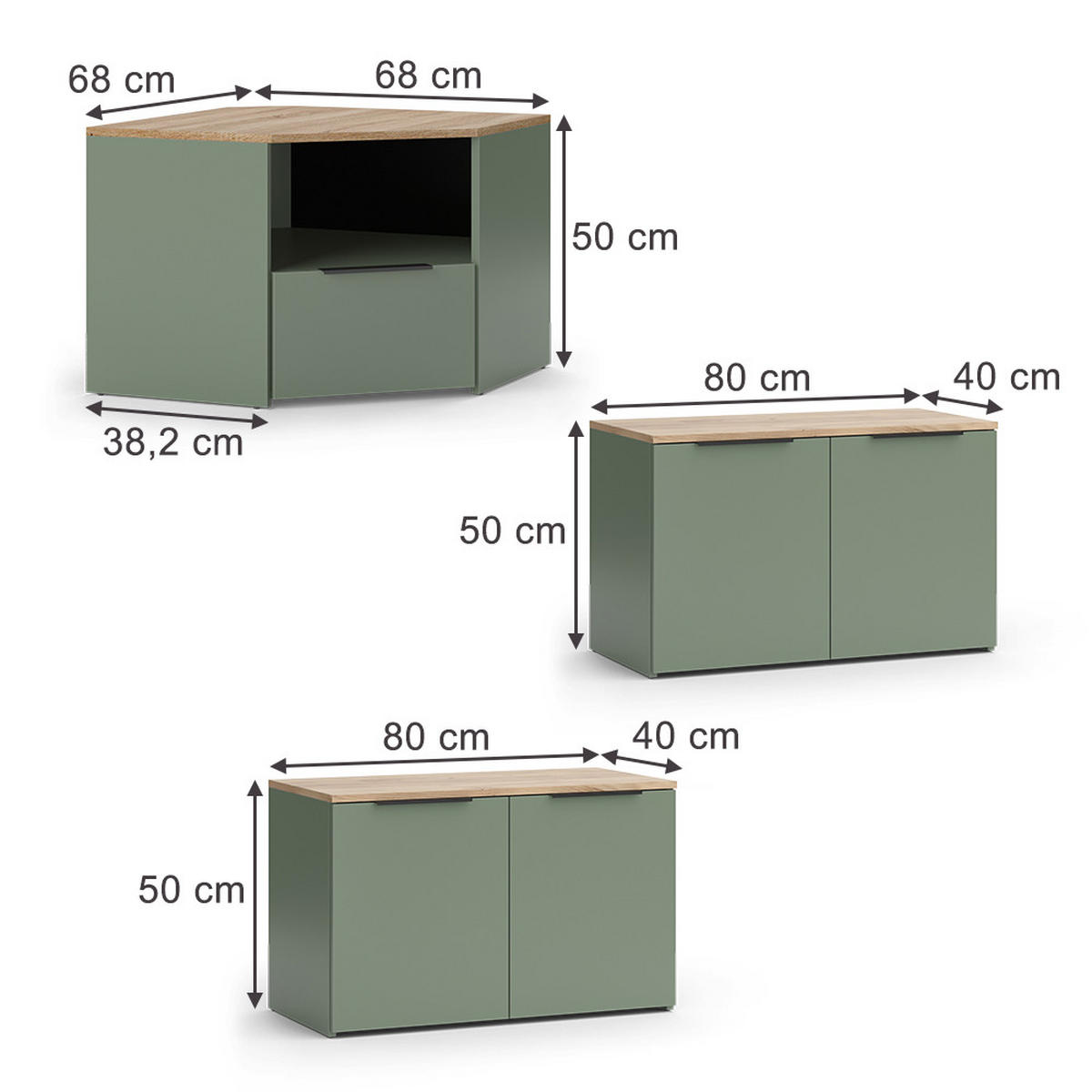 WOHNWAND Wido Grün 3 Teile - Grün/Sonoma Eiche, Holzwerkstoff (68/50/68cm) - Vicco