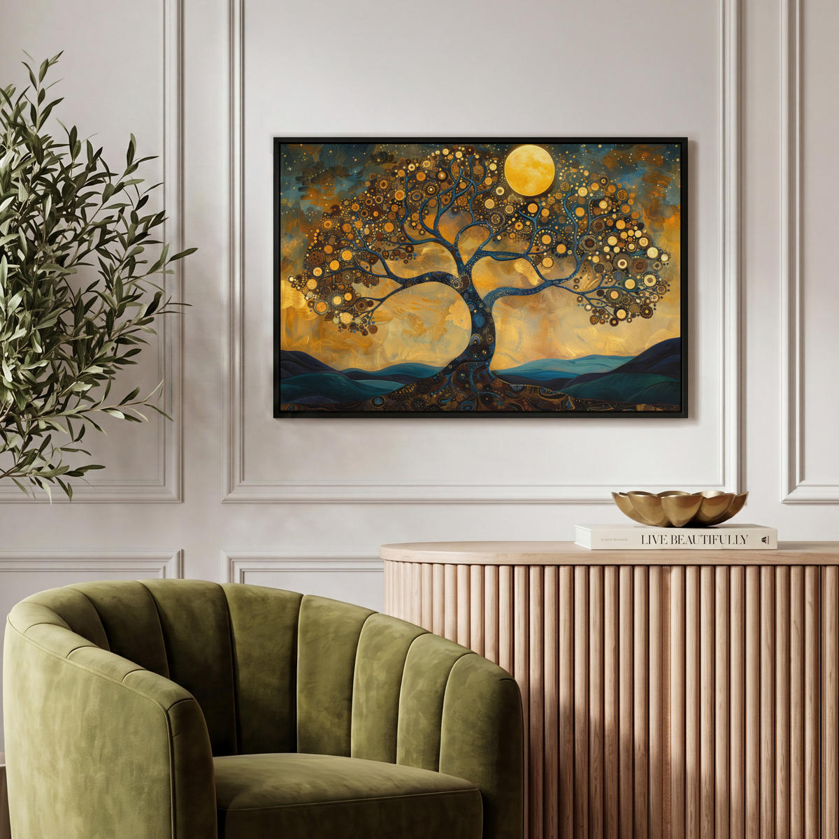 LEINWAND Bilder mit Rahmen - Baum - Mond - Blumen - Gold - Kunst - 60x40 - Orange, Textil (60/40cm) - MuchoWow
