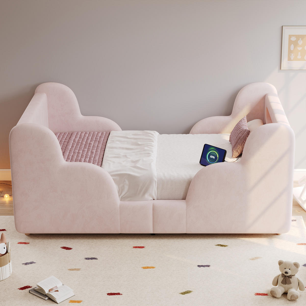 KINDERBETT Rosa Samt 90x200 Schutzgeländer Massivholz - Pink, Textil (90/200cm) - FLIEKS