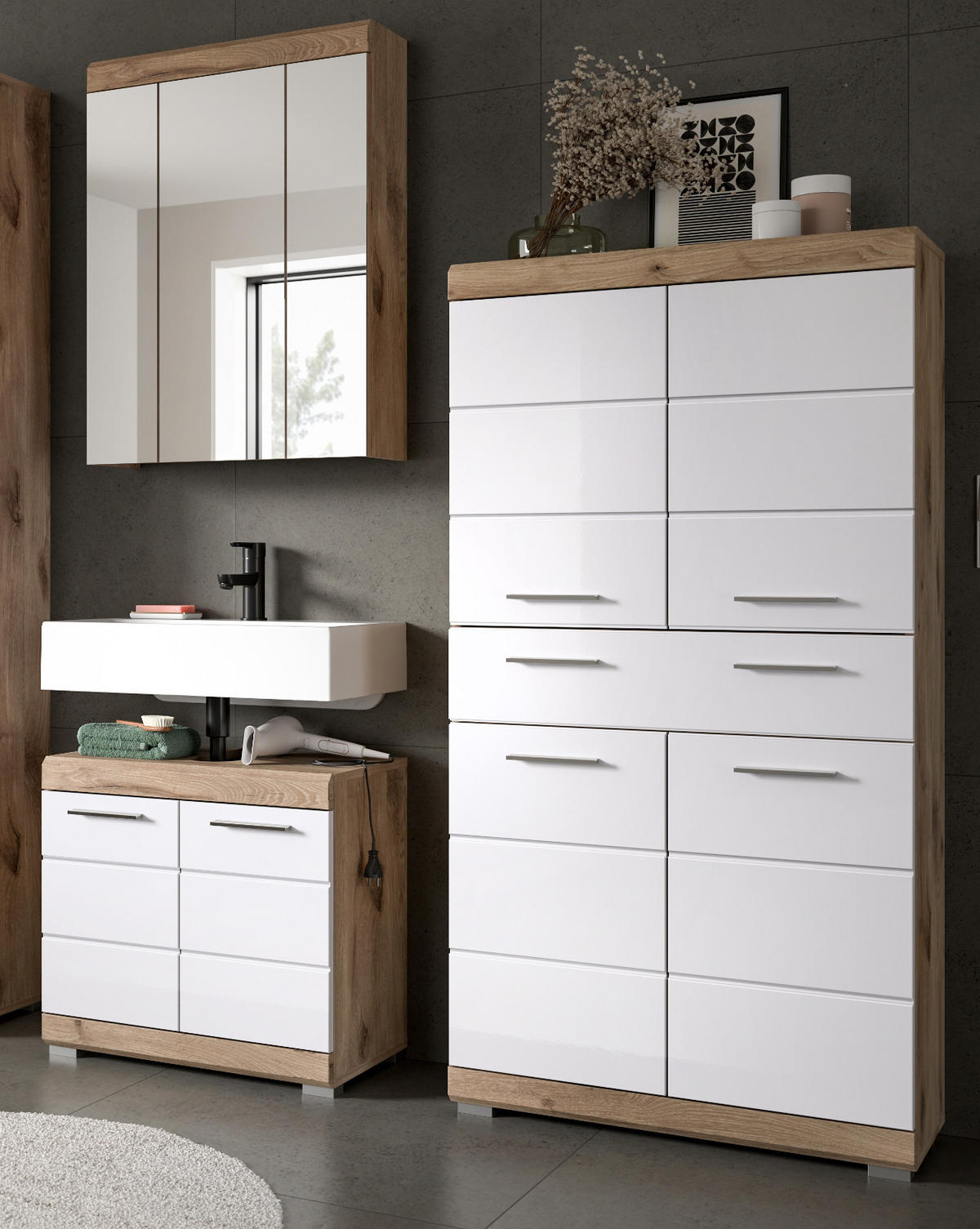 BADMÖBEL-SET weiß Hochglanz, Eiche 3-teilig 149 cm mit viel Stauraum - Weiß Hochglanz/Eichefarben, Glas/Holzwerkstoff (149/191/34cm) - Inn.Furn