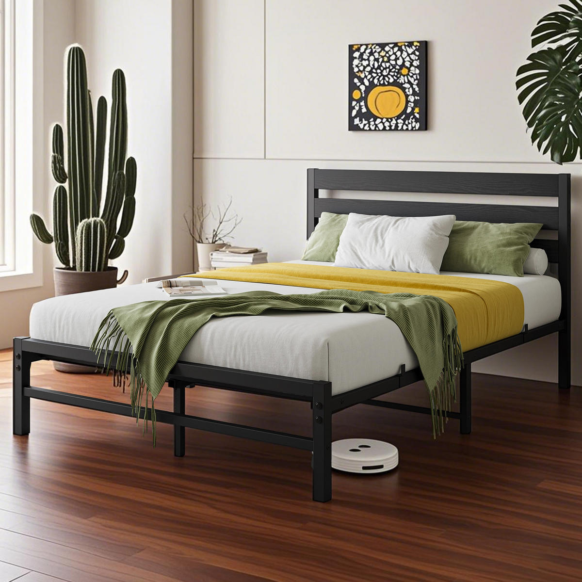 METALLBETT 90/200 cm Schwarz mit komfortablem Kopfteil - Schwarz, Metall (90/200cm) - OKWISH