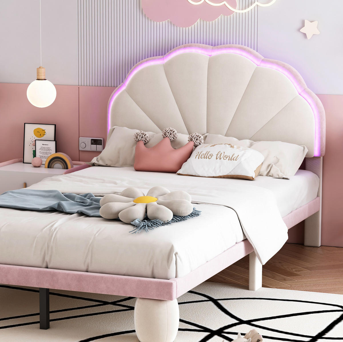 POLSTERBETT 90/200 cm aus Samt mit LED-Lichtstreifen und wellenförmigem Kopfteil Beige/Rosa - Weiß, Textil (90/200cm) - Modenvie