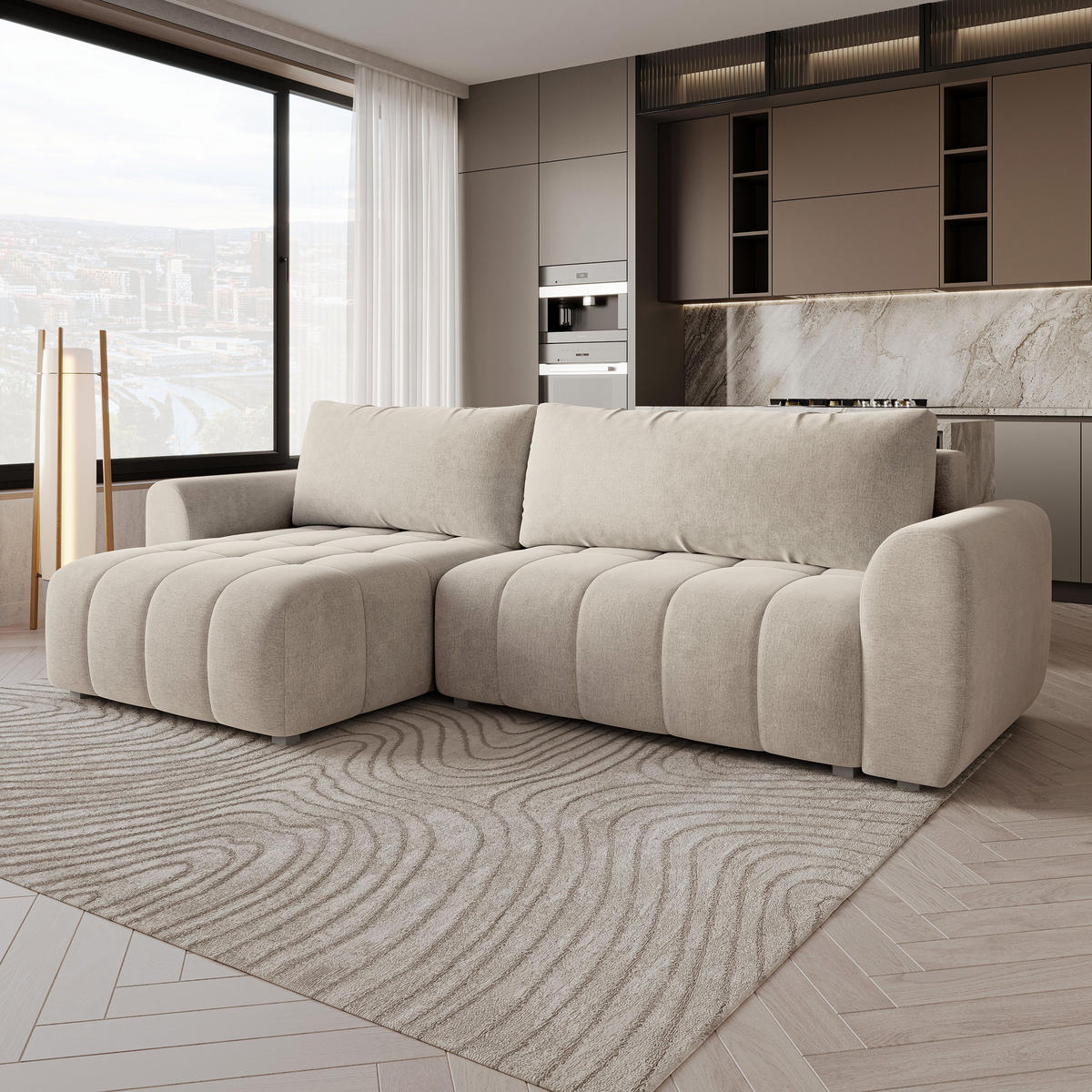 ECKSOFA MODARO CL Creme Samtstoff mit Schlaffunktion - Creme, Holzwerkstoff/Textil (285/148cm) - MASSENO